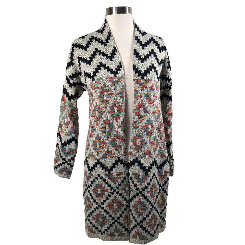 Debut Open Front Cardigan Sweater Size SMALL Aztec Women's Gray Long Sleeve